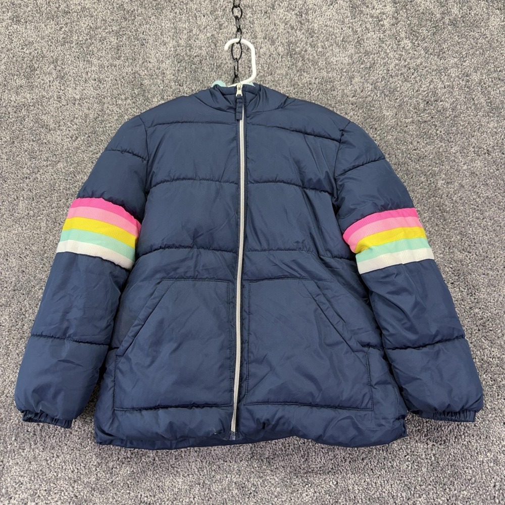 Pink Platinum Jacket Girls 10/12 Blue Rainbow Stripe Hooded Fleece Puffer Winter